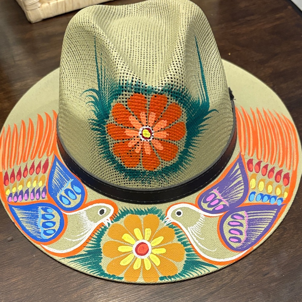 Hand-Painted Beige Straw Fedora Hat with Colorful Floral & Bird Design
